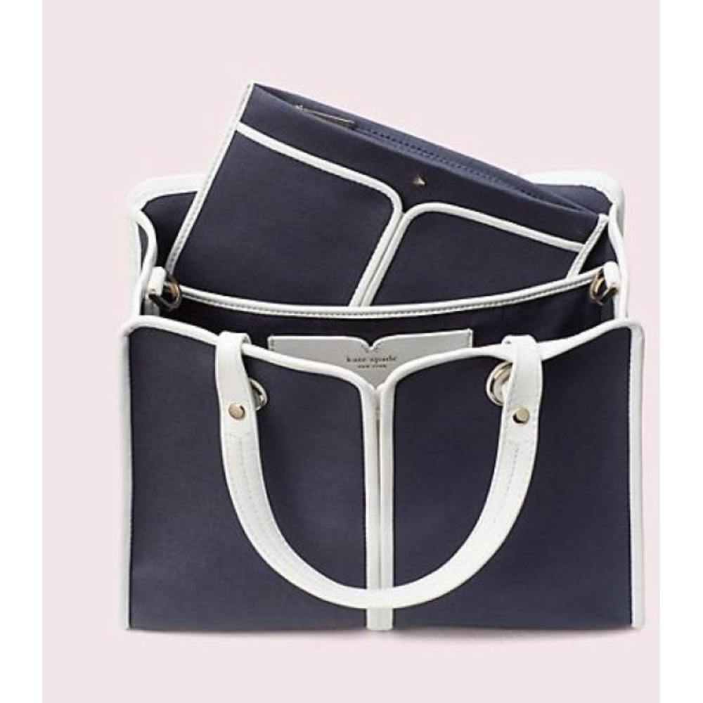 Kate Spade Women Navy Tote Sam Canvas Plunge Satchel Bag with white trim.